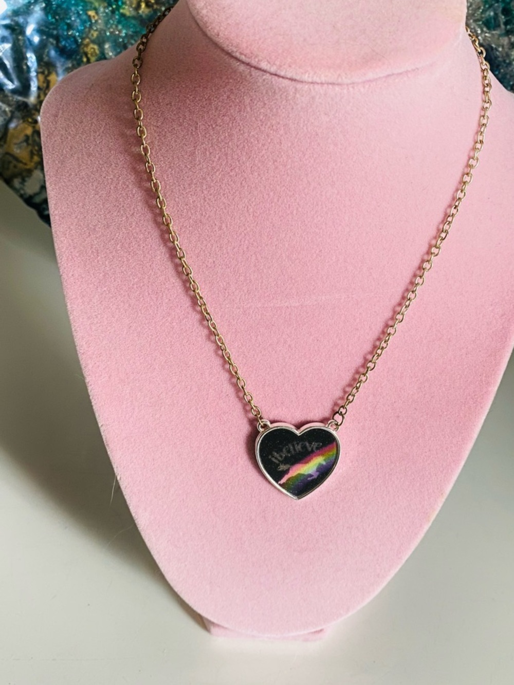Heart Pendant Necklace with Black Iridescent Accent